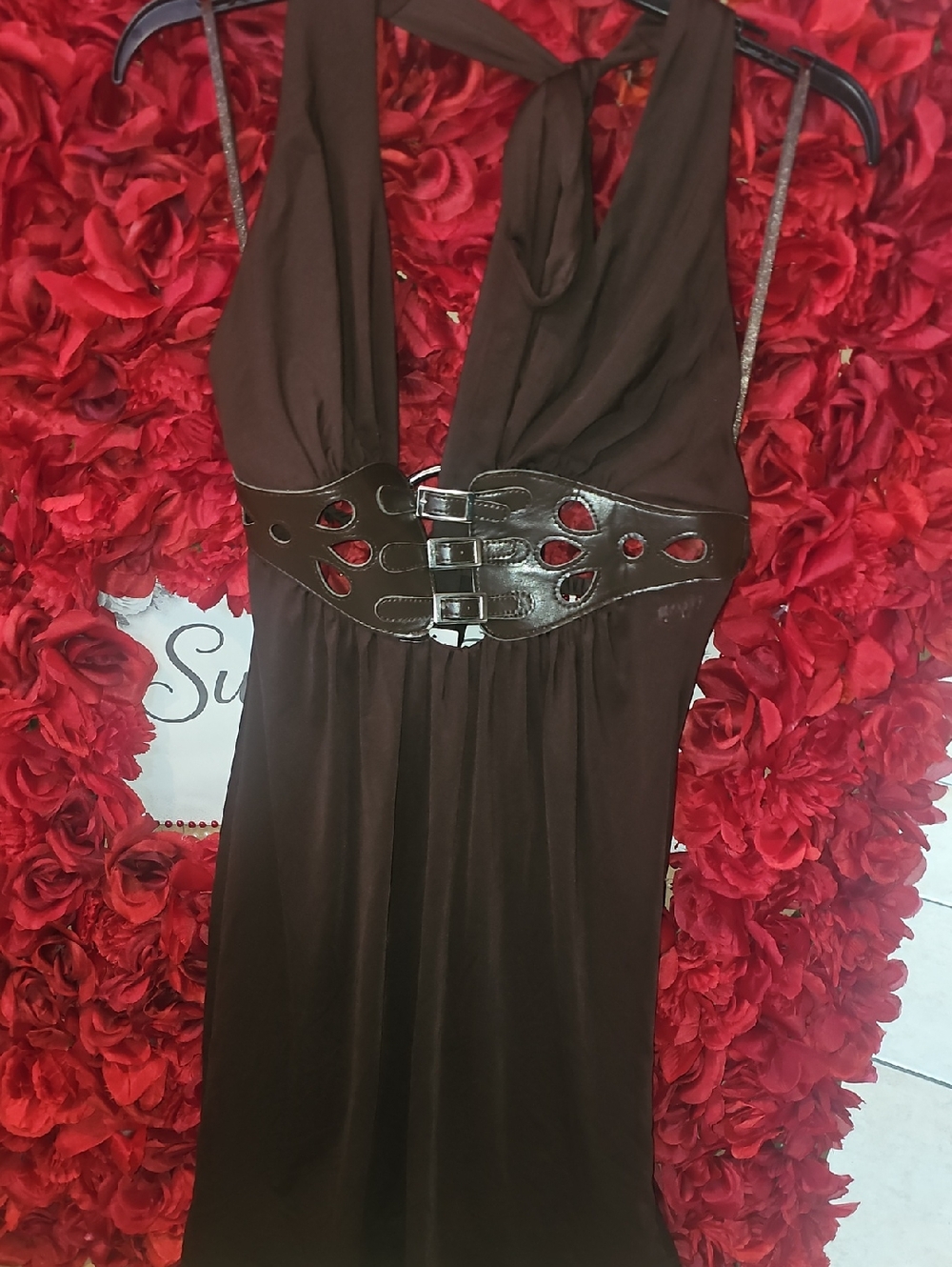 Aggie NWT Women's Brown Halter Dress with Decorative Cutout Belt Sides Size Med